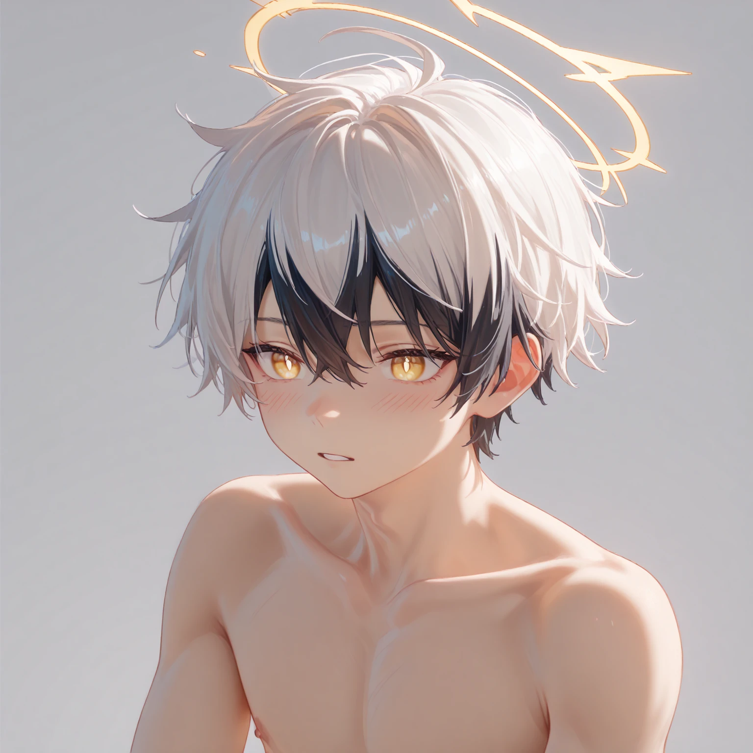 1boy, solo, adnachiel \(arknights\), adnachiel, tilted halo, yellow eyes, bright pupils, short hair, white hair, streaked hair, black hair,penis,nsfw,bl,gay,yaoi,pubic, (teenage: 1.3),boy,solo,shota