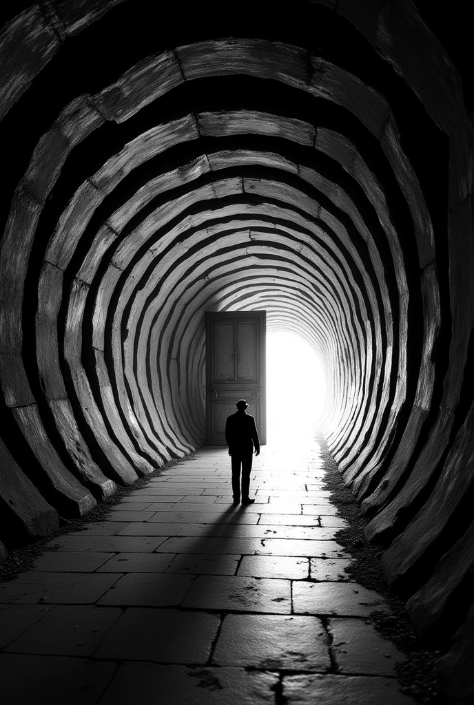 Hyperrealistic, 32k, masterpiece, award-winning photography, other-dimensional world, (an endlessly long corridor with thick black and white spiral walls: 1.4), a monochrome world, a door at the very back is tilted at a 45 degree angle, a small black figure of a gentleman wearing a hat is staring at an old door at the very back, grainy image quality like a 70s black and white TV,