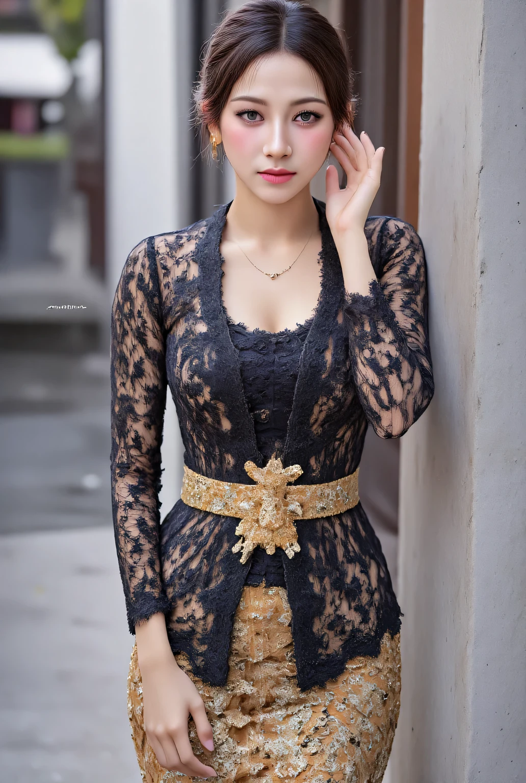 of a 25 year old woman, standing facing forward, use black transparent bali kebaya shirt