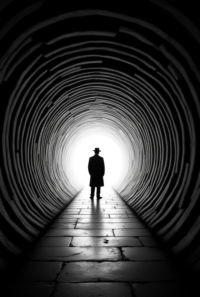 Hyperrealistic, 32k, masterpiece, award-winning photography, other-dimensional world, (an endlessly long corridor with thick black and white spiral walls: 1.4), monochrome world, a very small door in the distance tilted at 45 degrees, a small black figure of a gentleman wearing a hat staring at an old door in the very back, grainy image quality like a 70s black and white TV,