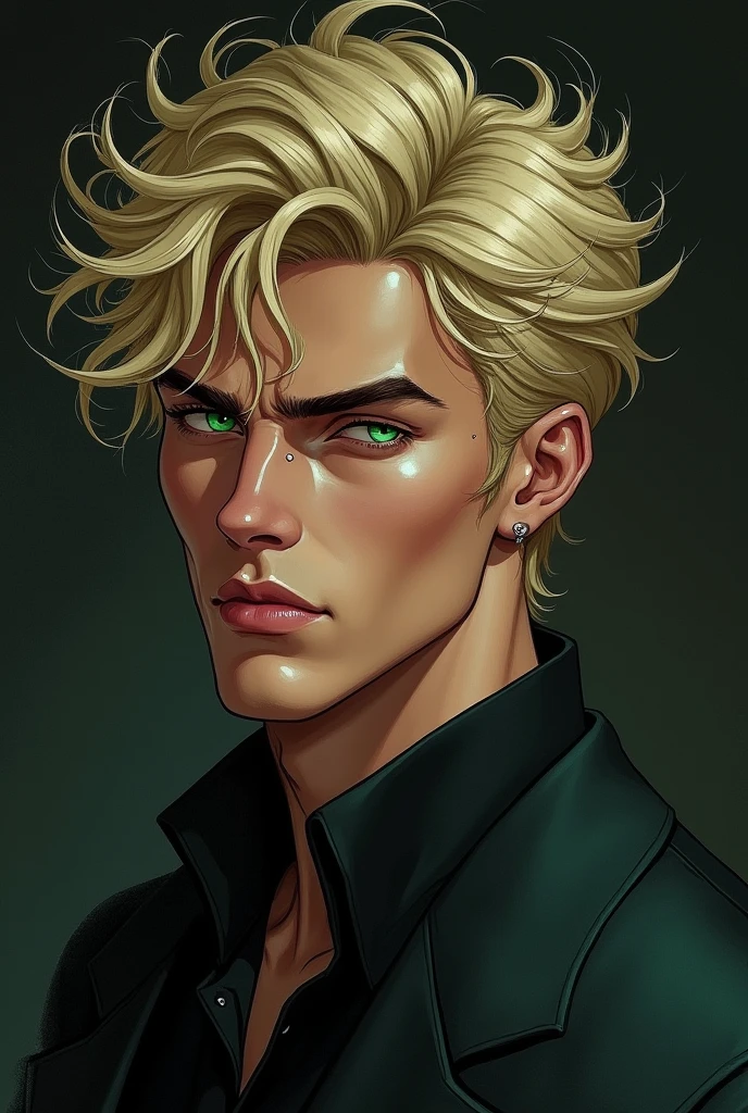 1 boy, mature, genderless, male focus, two toned hair, green hair, blonde hair, green eyes, warm features, jewish features, large lips, short curly hair, tan skin, dark skinned male, realistic, Canon Eos MARK IV,RAW, 32k UHD,