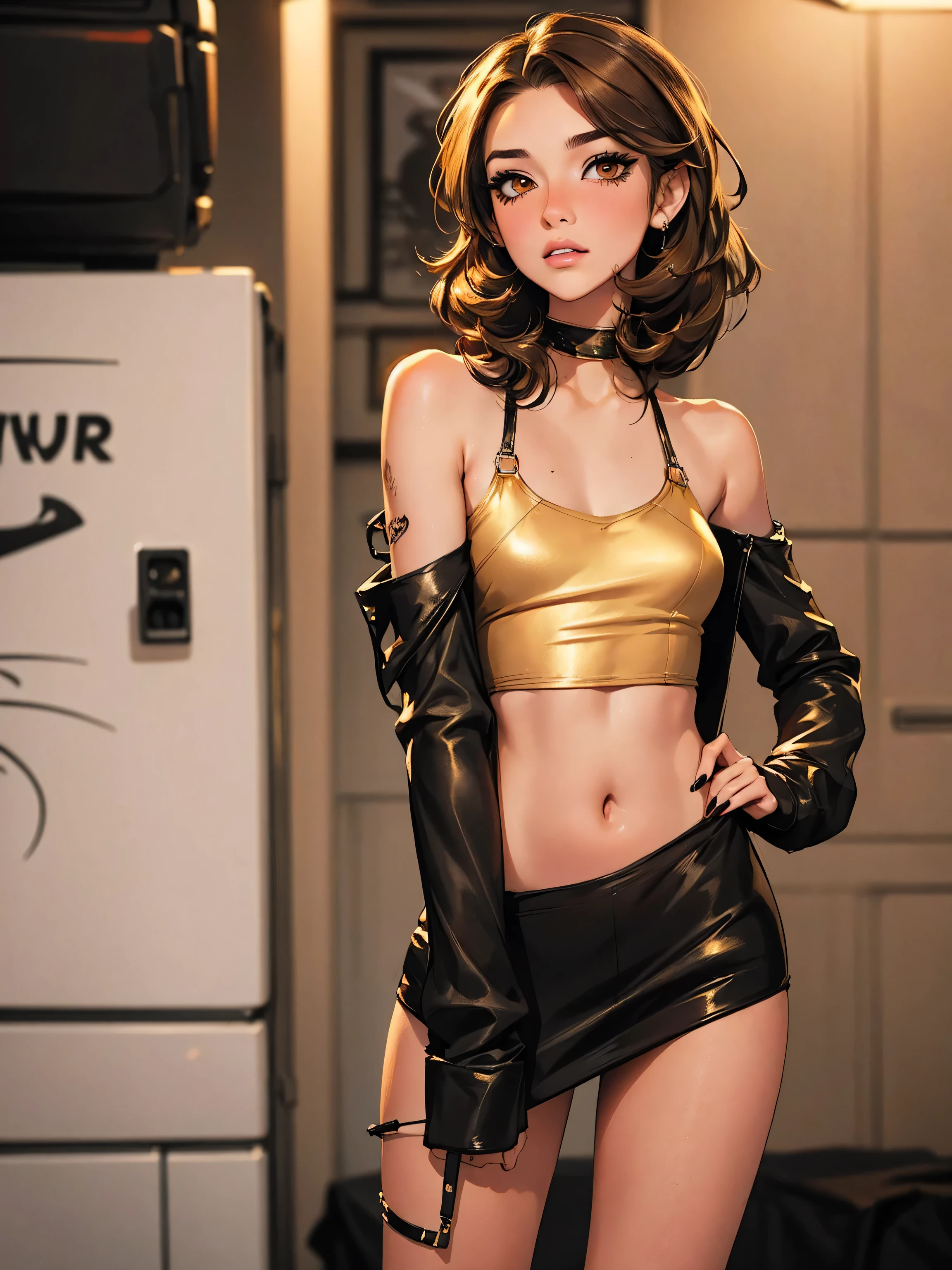 Teenage girl-model 1, (only 1 girl), beautiful, golden brown hair, (shoulder length hair), , glossy hair, pretty eyes, beautiful figure, beautiful long legs, , top quality, highest quality, pin-up style, (((prostitute,))), , dark makeup, small breasts, skinny, slender body, ((mascara, eyeliner, nose blush))),, ninjartist style