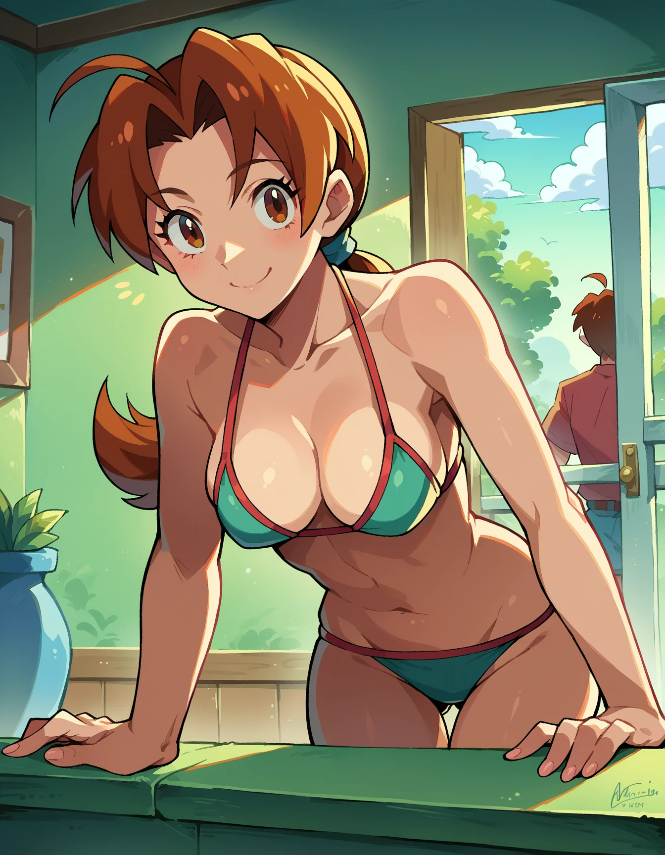 Tokai Teio \(umamusume\), ((highly detailed eyes)), (((bikini))), masterpiece, highest quality, (abnormal body, small breasts, horse tail,smile, pool, whole body, frontage, 長いポニーテールmasterpiece, highest quality,highest quality,,horse ears,brown hair,stare at the viewer,great backlight,赤いマイクロbikini,Blue Denim,hot pants,big,1 girl,have a pistol,{{dual pistols}},face focus,lonely city center,,((nsfw)),nipple
