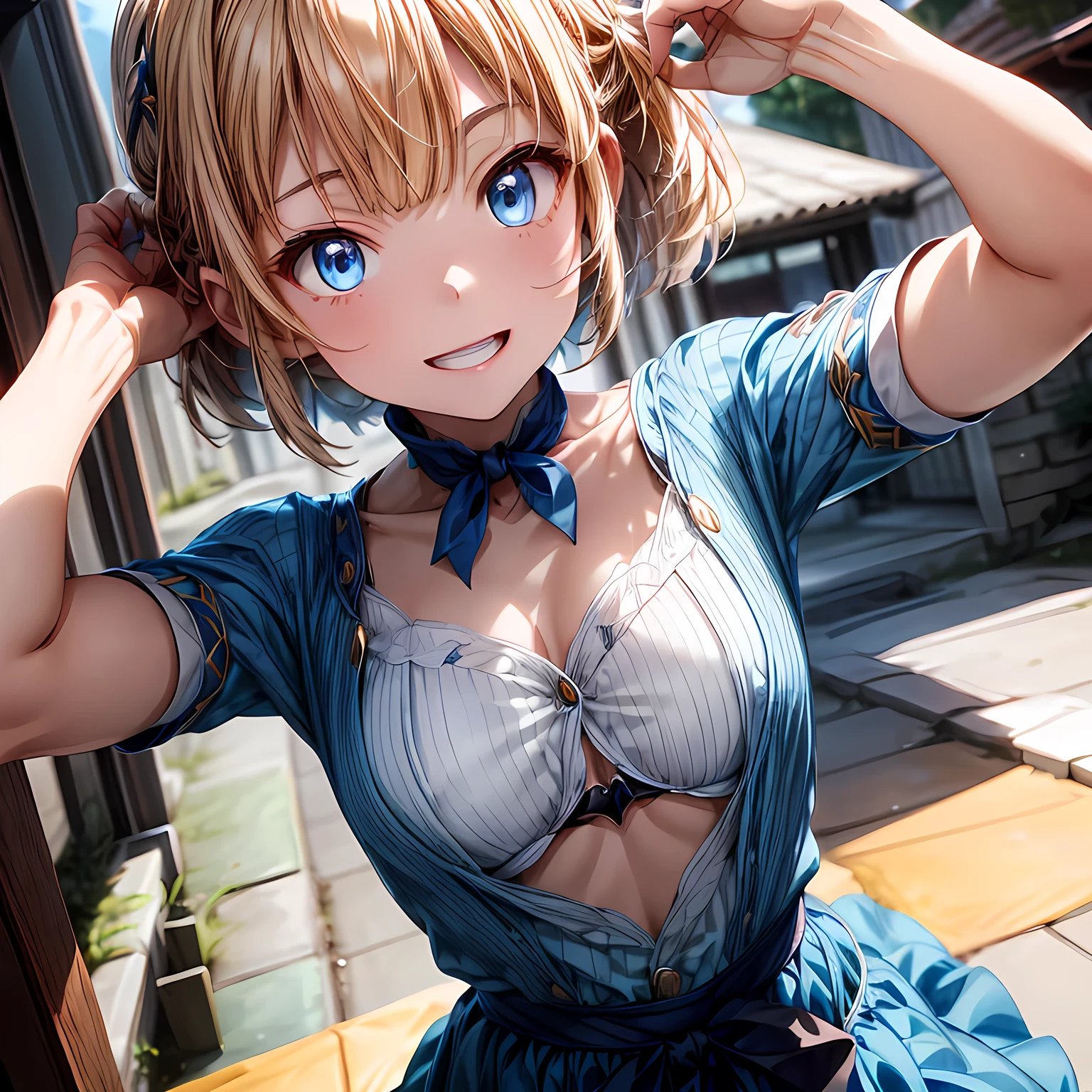 (( highest image quality taken by Ki))、Front view shot of the representative anime 、Princess Meer、 Princess Meer holding a book in front of her chest、 beautiful blue eyes、 single shot 、  girl、Young Face、(Close-up of face:1.2)、smile、A head-on shot of 、(chest:1.5)、A head-on shot of Princess Mia with a gentle hand stroking her head from above 