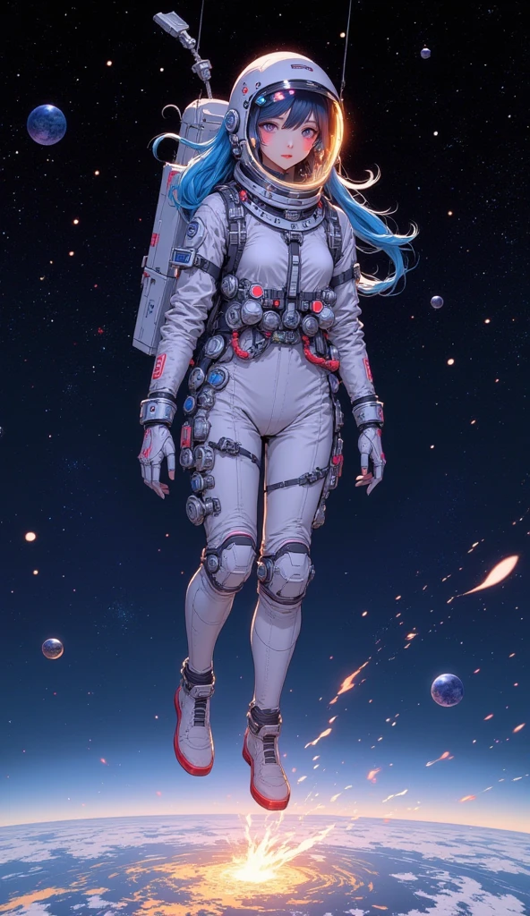  A beautiful young Korean woman .
blue hair.
sexy.
dressed as an astronaut . 
 Is falling from space toward Earth.
At your feet an aura of glowing fire . (anime style 32K, HDR, UHD, intricate detail, extremely intricate detail, hyperrealistic, extremely realistic, high quality, vivid color, extremely detailed).