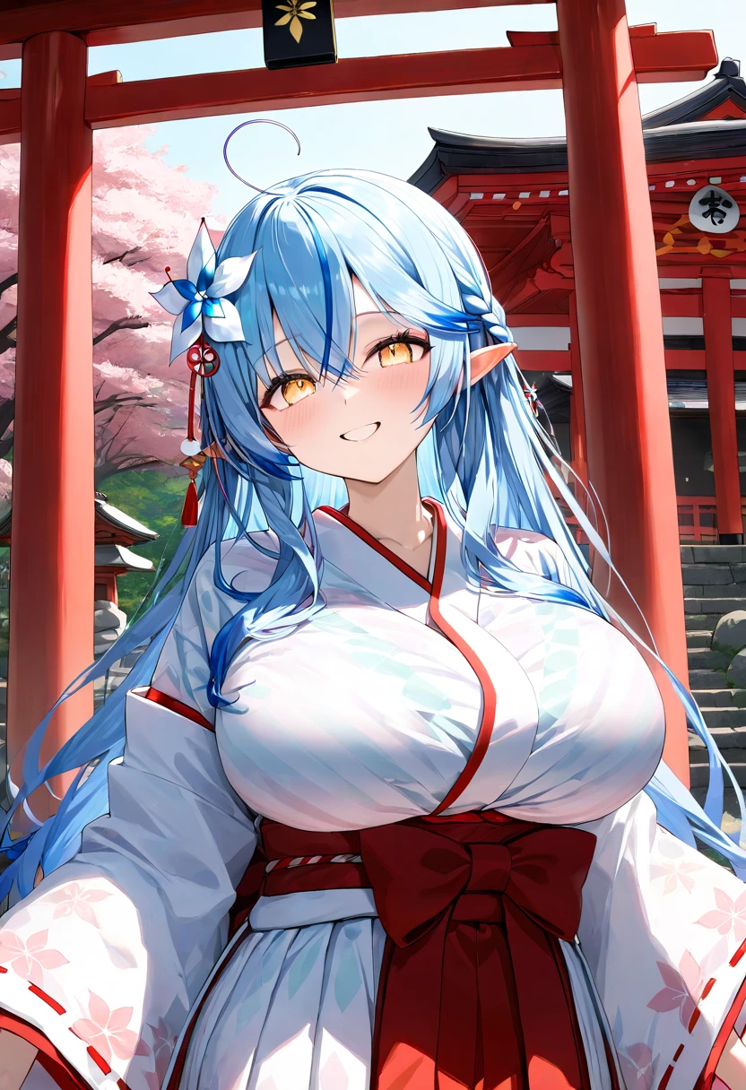 ( top quality , 8k , masterpiece ),  girl  , young , 1 person ,  very detailed eyes and face , Yukihana Lamy ,  hololive  ,  blue hair  , smile ,  will be happy ,  red cheeks  , ( shrine maiden, White Yukata,red hakama :1.2 ) , (  huge breasts )