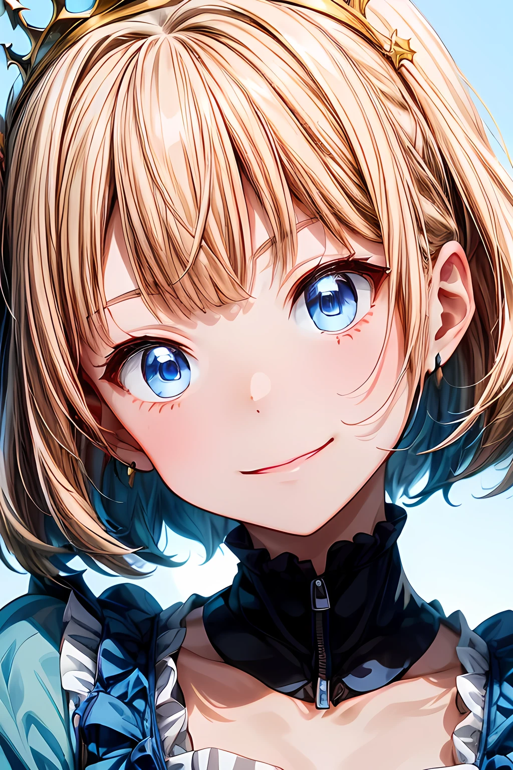 (( highest image quality taken by Ki))、Front view shot of the representative anime 、Princess Meer、Front shot of Princess Meer、 beautiful blue eyes、 single shot 、  girl、Young Face、(Close-up of face:1.6)、And a surprised smile、smile、 lean forward、 staring at the camera、(:1.5)、(:1.5)、