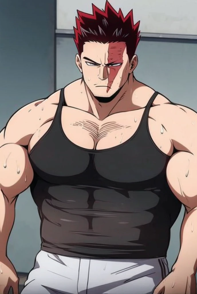 Endeavor brainwashed into becoming a thug henchman, black tanktop, muscle, shirtless, sweaty, hairy chest, empty eyes, dazed expression, blank stare, hypnotized, brainwashed, hairy pits