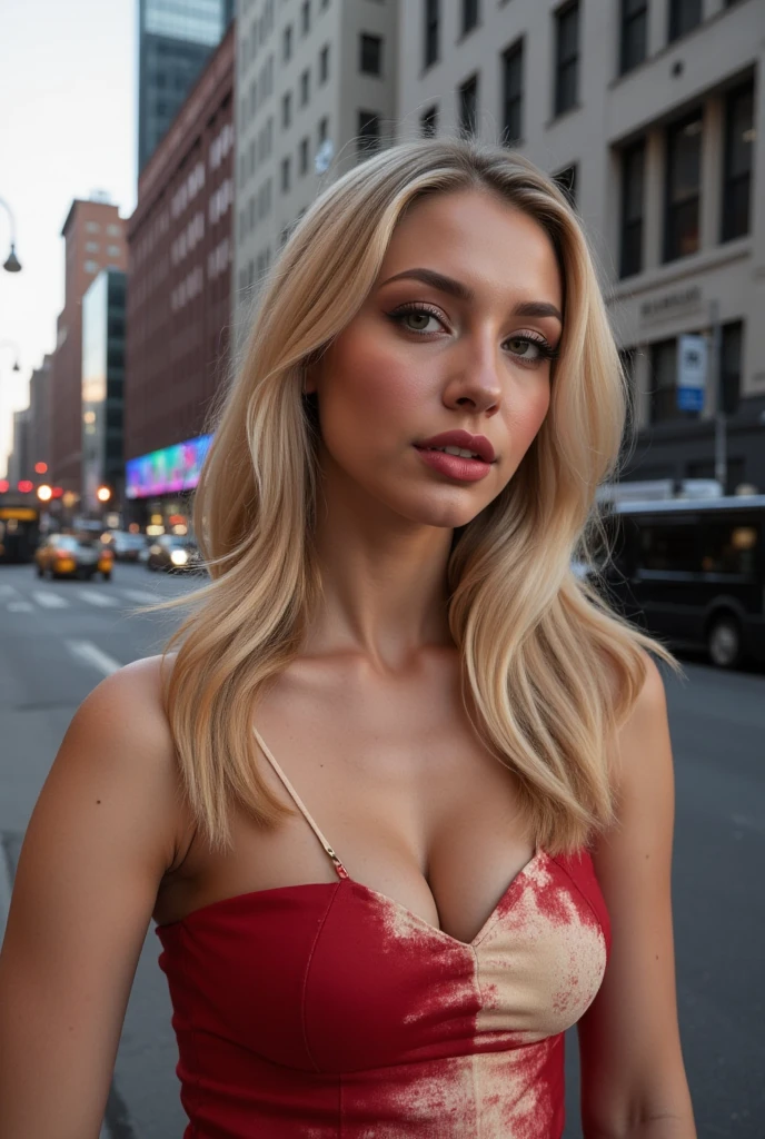 Photorealistic portrait of a young latina, 23 years old, with long flowing blond hair and striking blue eyes. She should have a natural, approachable expression and be lit by soft, golden light. the photo is taken on a luxurious rooftop with the city of Madrid lighting up in the background, wearing a sexy red dress