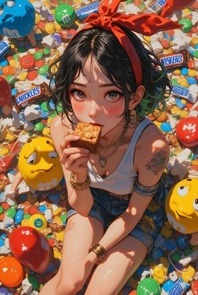 multi-angle, full body view, 1 beautiful young girl, with black hair and green roots, sitting on the ground, eating a snickers, at her feet a hundred snickers wrappers on the ground /, accessory: chain, bracelet, red scarf on her forehead, break/, clothing: she wears a yellow t-shirt, and faded and ripped jeans. break Feature: she eats a snickers, at her side the 2 mascots of the M&M brand the red and yellow characters ((red and yellow m&m characters )), break/, environment: candy, candy, lolipop break/masterpiece, best quality, lighting, fast shutter speed, very realistic hands, anatomically accurate representation, Unique, 8k, implies absurd,  ultra realistic , ( highly detailed explanation), (professional), (vibrant colors), (portrait), (soft lighting), (high resolution)