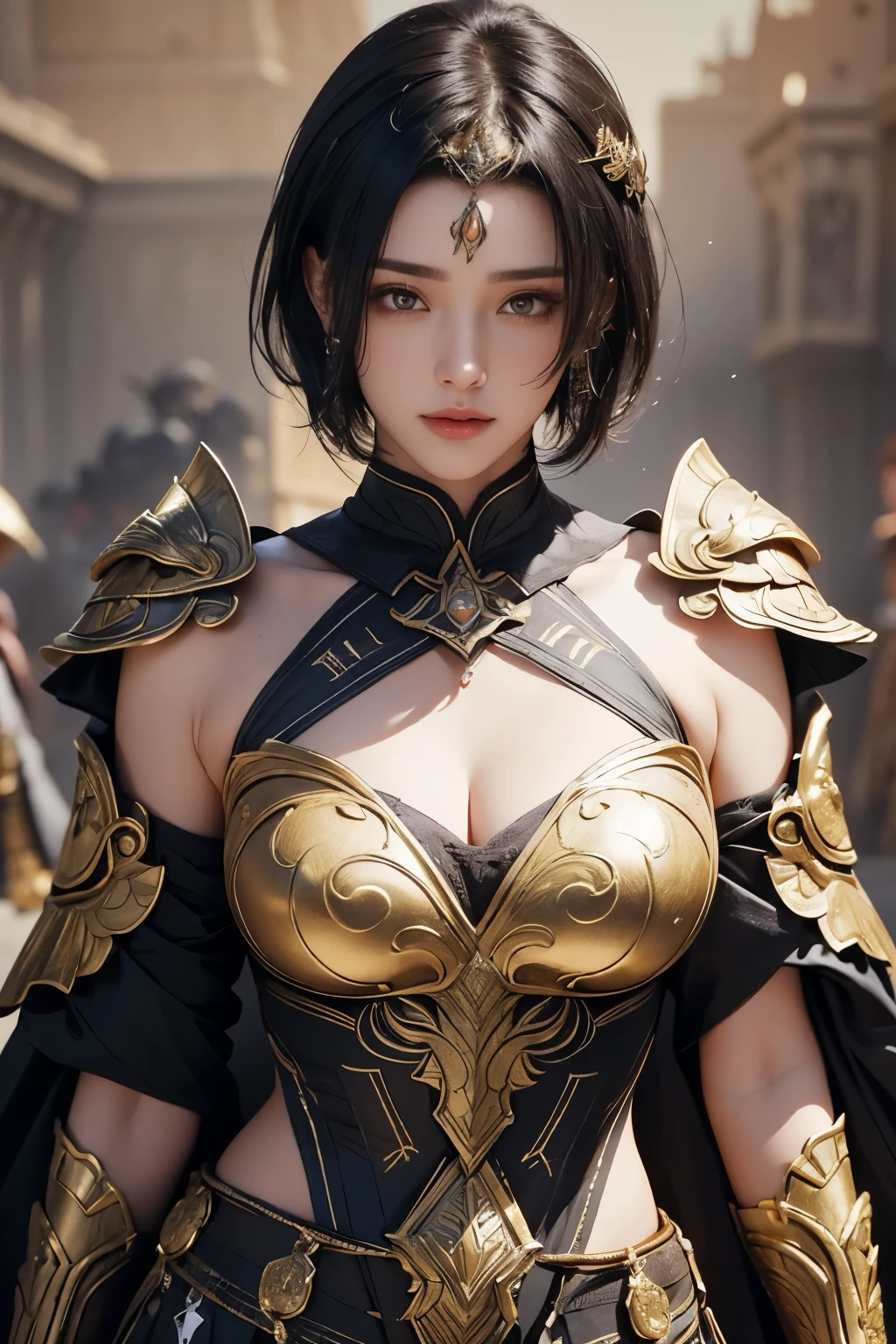 (8K, Highest quality, masterpiece:1.2), (Realistic:1.4), Raw photo, Highest quality, Ultra-high resolution, Best Shadow, (whole body:1.4), Woman with short hair, Japanese Armor, Samurai Sword, Large stunning environments, Horror, Horror oscuro, Highly detailed facial features, Beautiful and perfect face, Perfect Eyes