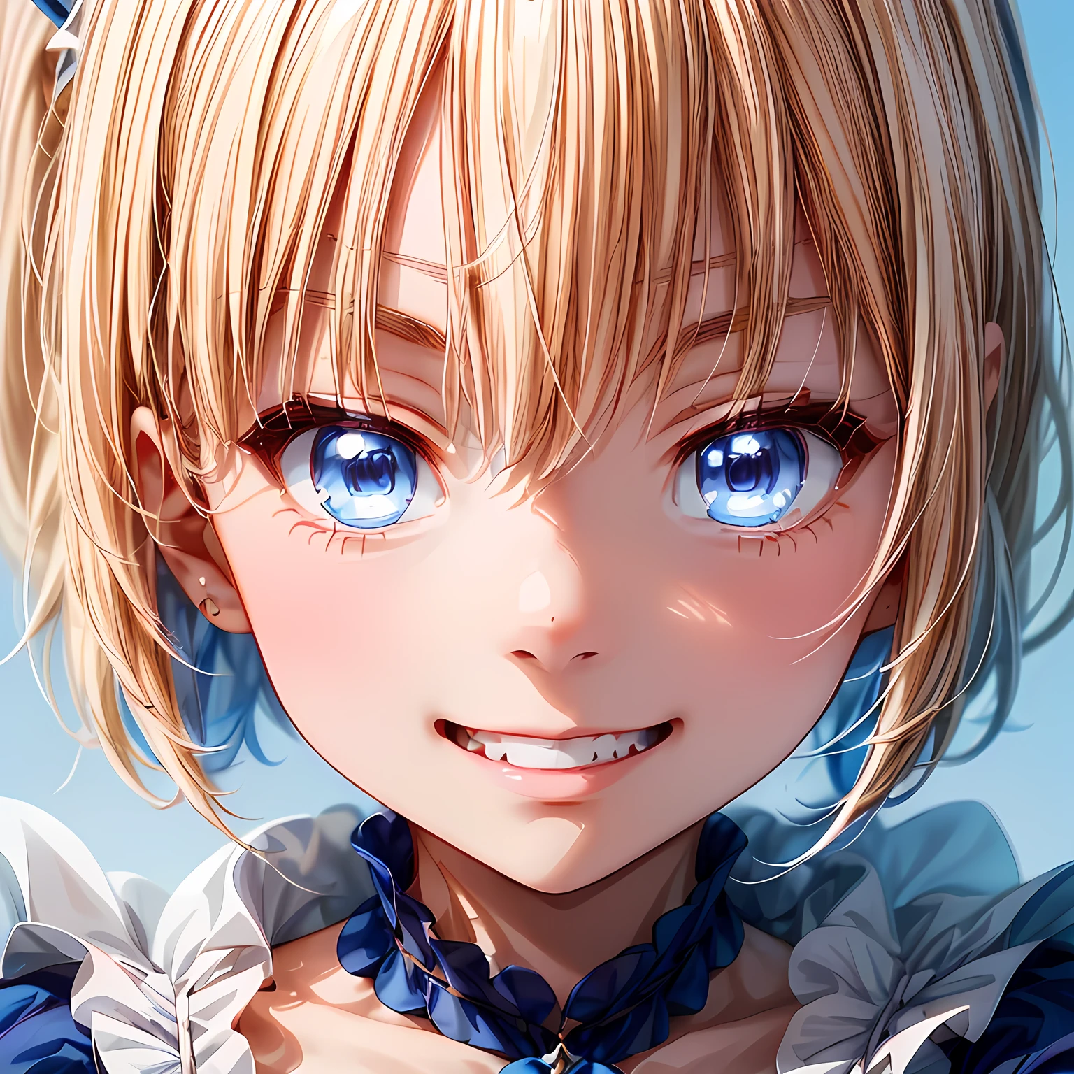 (( highest image quality taken by Ki))、Front view shot of the representative anime 、Princess Meer、Front shot of Princess Meer、 beautiful blue eyes、 single shot 、 girl、Young Face、(Close-up of face:1.6)、smile、 staring at the camera、( big breasts:1.5)、 show your teeth and laugh、