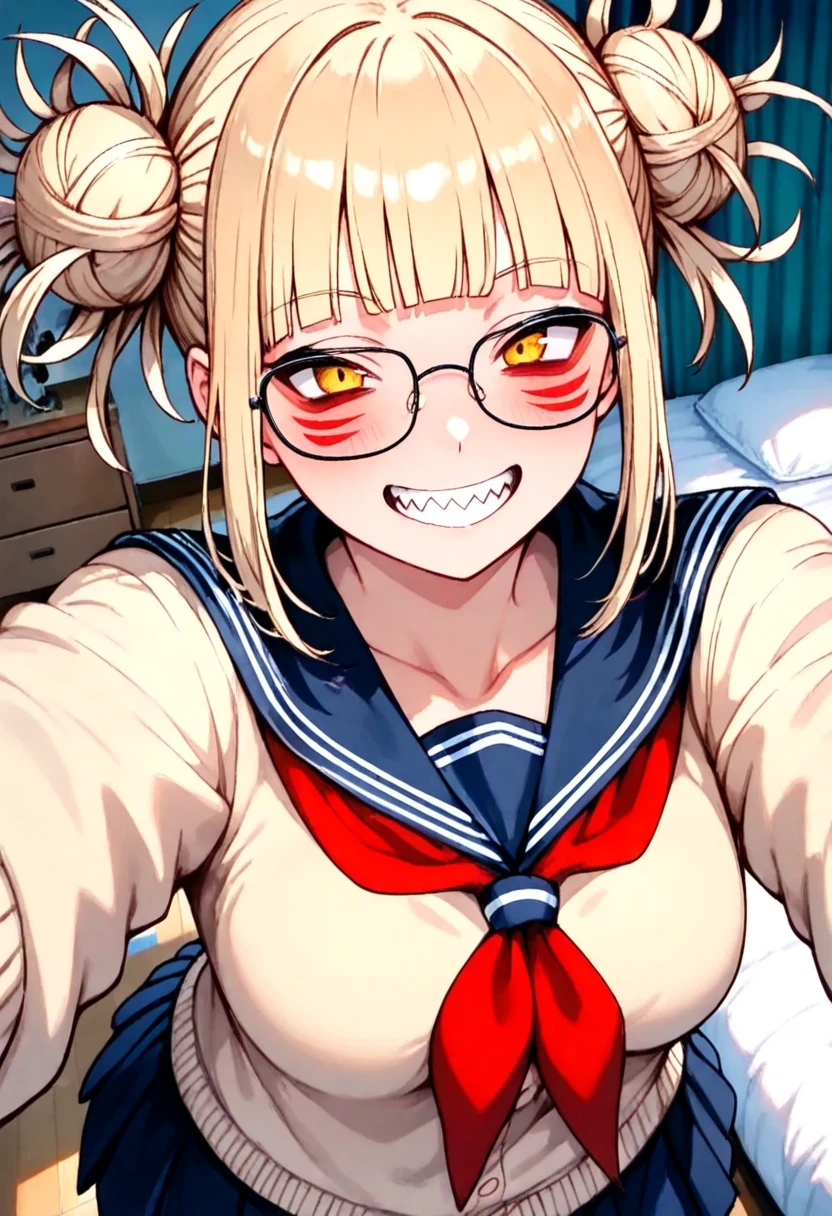 Photo Quality, laughingly, Shark-like jagged teeth, (Himiko Toga, my hero akademia), a sailor suit, (medium breasts), Cute, Red face, a blond, ultra-detailliert, Beautiful body, Beautiful face, High quality, Good anatomy, Cute room, Glasses