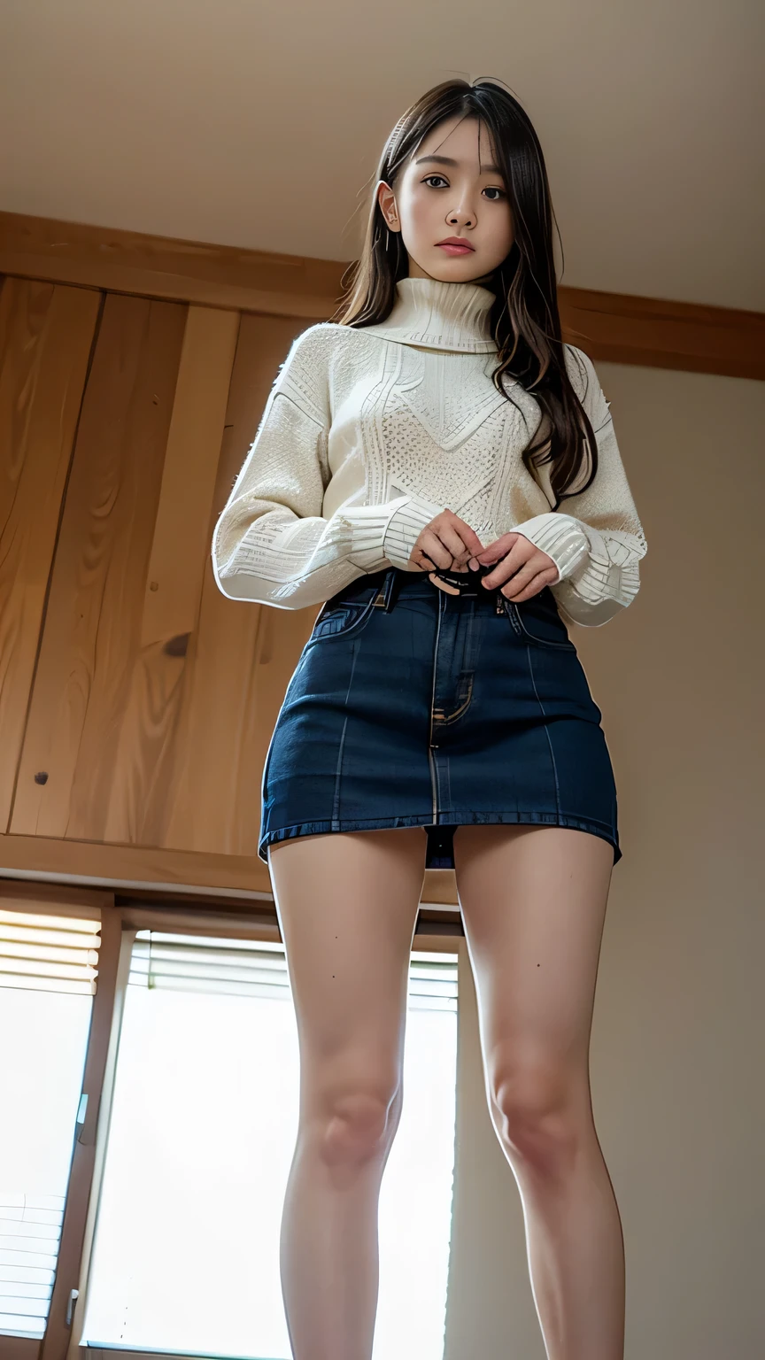 8K, Masterpiece, Raw Photo, Highest Quality, Photorealistic, High Definition CG Unity 8K Wallpaper, Depth of Field, Cinematic Light, Lens Flare, Ray Tracing, (Extremely Beautiful Face, Beautiful Lips), Beautiful Eyes) , face with intricate details, ((super detailed skin)) 1 girl, smiling, dark back, dark shadows, wearing a knit shirt, denim micro miniskirt, pantyhose (realistic), long brown hair, ( Black eyes 1.1), realistic face, riding an escalator, cowboy shot, defenseless lower body, dramatic lighting, design: Kana Nishino