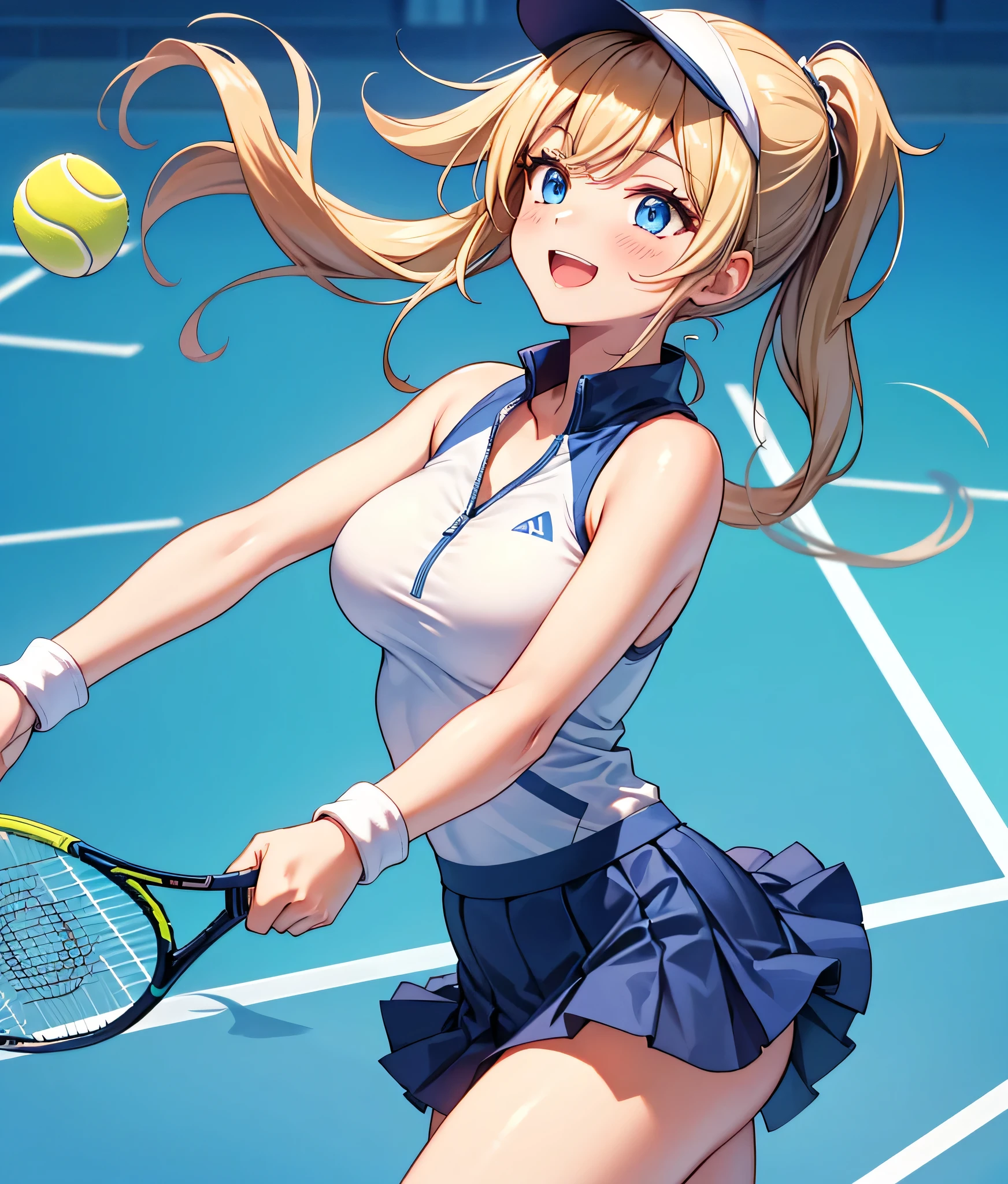 from the side 1 girl , Alone, high definition, long hair, eye catching , blush, smiles, blue eyes, Blonde, high definition, masterpiece, accurate, Anatomically Correct , Receives Many Awards , 最high quality, detail, High detail, high quality, quality, retina, very detailed, Textured Skin, tennis court, tennis court background , , ((( holding a racket with both hands))), sun visor, (((( mini skirt tennis suit holding a racket with both hands)))), Emphasize the upper body, sommer, blue sky, open your mouth, , big breasts, One racket,