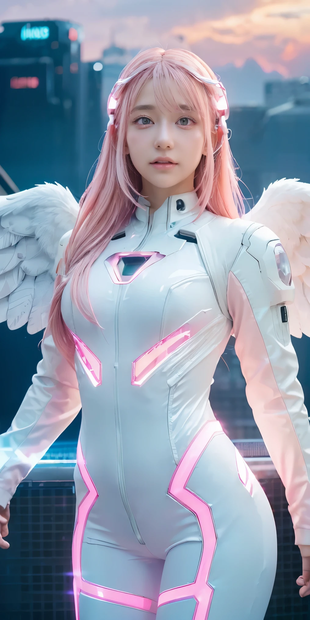 ((masterpiece, best quality, extremely detailed), volumetric lighting, ambient occlusion, colorful, glowing),
1girl, solo, young girl, (pink hair), long hair, halo, aura, sacred, godness, cyber suit, (white outfit:1.3), android, bot, angel wings,
outdoors, sunset, sky, clouds, space, (cyberpunk theme:1.2),