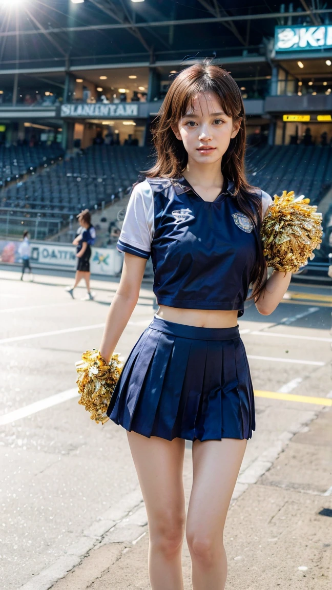 best quality, masterpiece, 1girl, asian, cheerleader, blue uniform, waving to crowd, upper body