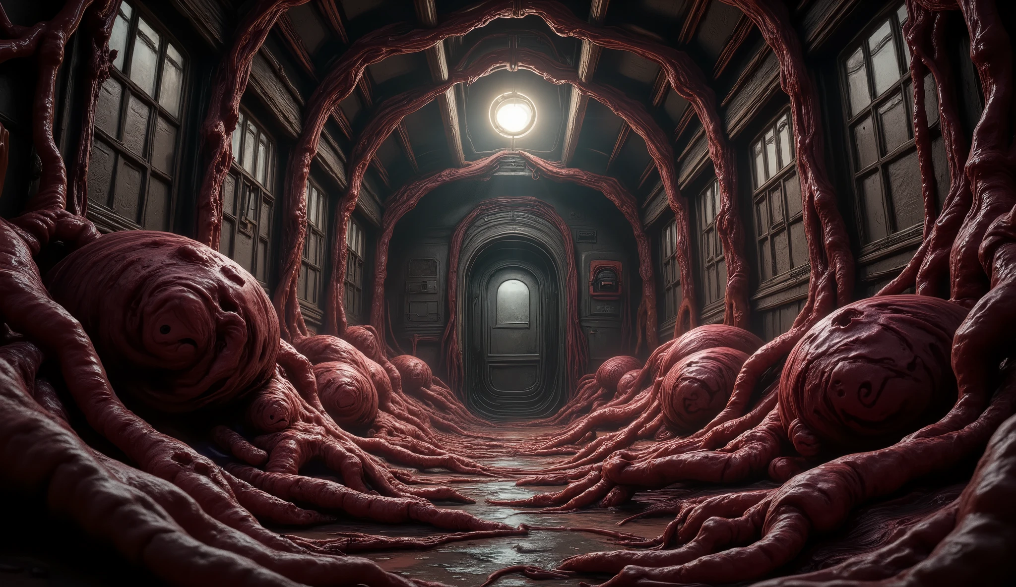 pov inside the train wagon, dot perspective, organic flesh on the walls, huge veins on the walls, cinematic lighting, Silent Hill 4 style