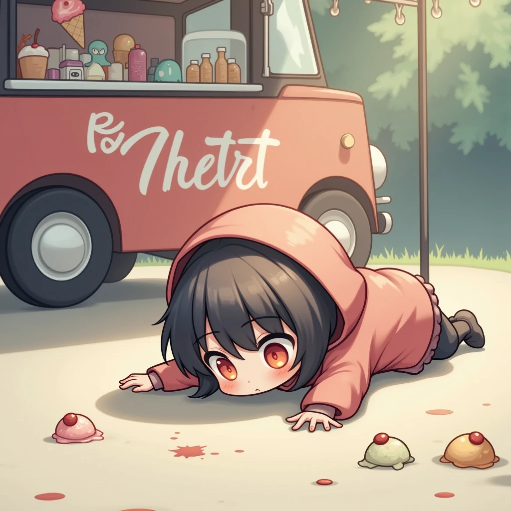 1girl-chibi-character\(lying face down on the ground,front of an ice cream shop kitchen car, closed mouth\),she bought lying on the ground,ice-cream,ice-cream\(with different flavors mixing on the pavement, , scattered and melting, unable to be eaten anymore\), her hand still outstretched as if trying to grasp what is now lost, background\(soft afternoon sunlight casting gentle shadows, the bright and colorful kitchen car\), girl close up,defeated posture and the humorous yet sad situation, warm and soft color palette, conveying a sense of irony and disappointment, the atmosphere is a blend of lightheartedness