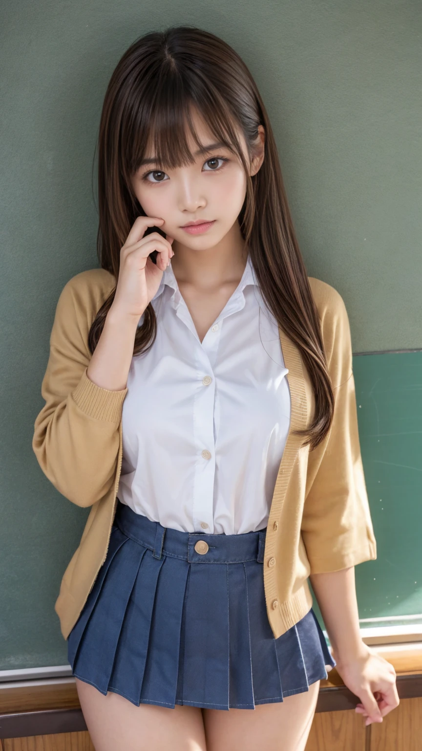 Highest quality,Ultra-high resolution,Beautiful Japanese high school girl,cute,double eyelid,Big Eyes,Brown Hair,looking at the camera,{{petite slender body}},smile,teeth,sweater,Sheer Uniform,between legs,Commuting,Pussy exposure,