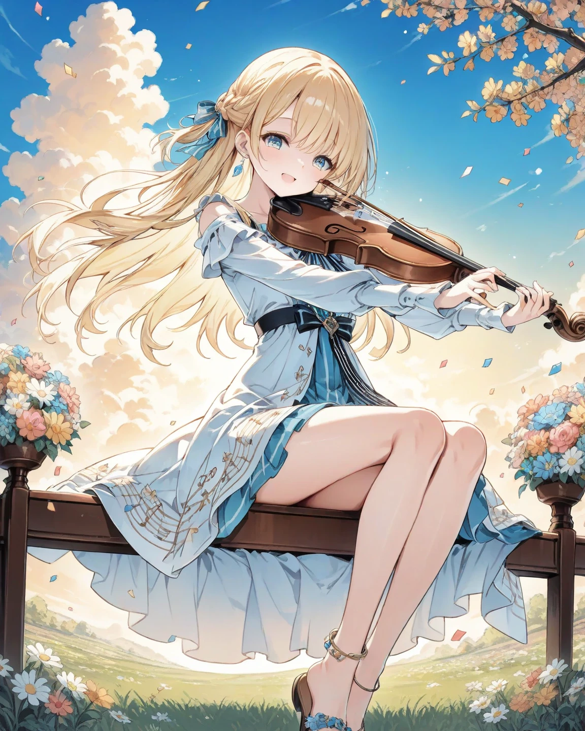 A young woman in a vibrant, floral dress that flutters around her in the spring breeze. Her hair, a cascade of soft, loose curls, is adorned with daisies that match the ones scattered across the lush, green grass she sits on. She has a radiant smile on her face, her eyes sparkling with mischief and joy. The sky above her is a canvas of cerulean blue, dotted with fluffy white clouds that seem to dance in the warm sunlight. Musical notes in a spectrum of pastel colors swirl playfully around her, creating a lively symphony in the air. To her left, a tree is in full bloom, its branches extending like a painter's brushstroke, sprinkling the scene with a confetti of pink and yellow petals. To her right, a whimsical bunny plays a tiny violin, its eyes twinkling with delight. The woman's outstretched arms are filled with a bouquet of colorful tulips that seem to be singing their own tune, their stems curling gracefully as if they too are caught in the rhythm of the moment. Her legs are crossed, with one foot bare and the other adorned with a sandal, revealing a playful anklet of silver bells that jingle with every movement. The entire scene is suffused with a soft, golden light, casting a warm glow on her skin and giving the whole artwork a dreamy, carefree quality. The digital style is rich and detailed, with bold, clean lines that define the woman and the playful elements around her. The background fades into a watercolor wash of greens and blues, suggesting a serene park or garden setting. This whimsical tableau celebrates the vibrancy and spontaneity of a perfect spring day, with the young woman's cheerful spirit acting as the central melody in a visual symphony of color and whimsy.