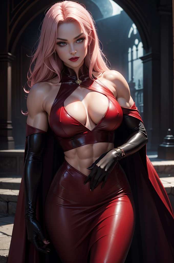of breas boob,There abs,Muscle woman,red tinted hair,Black transparent bikini