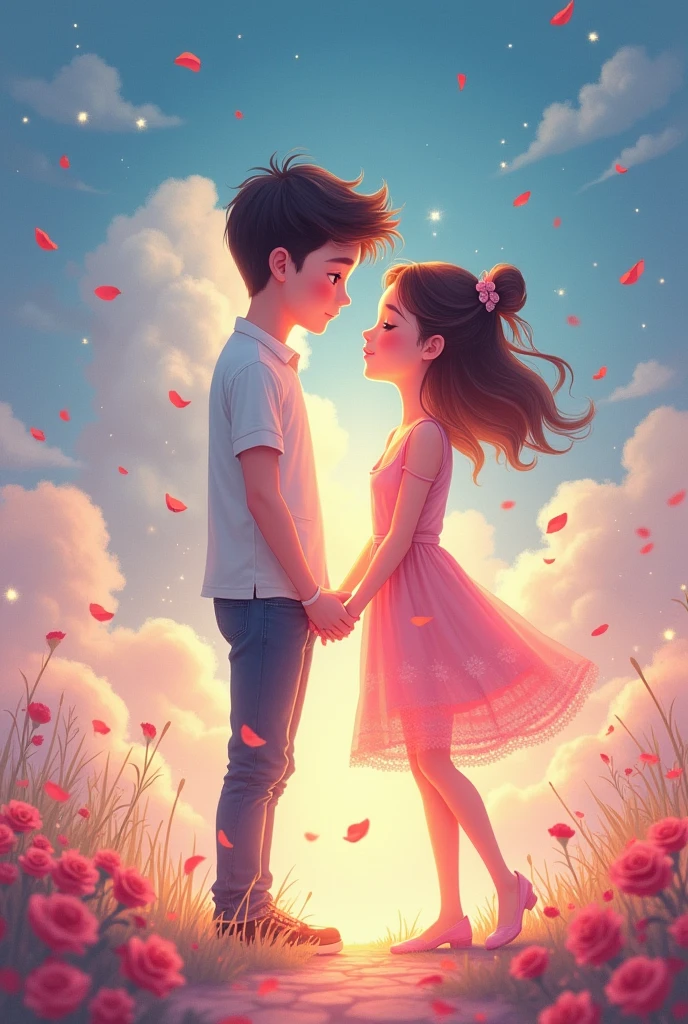 Don't change anything else, just do this in the images - Behind the girl, write "Arpita" , Behind the boy, write "Abhishek". Write all this in soft cloudy form. Also add some heart shaped clouds behind the girl and boy
