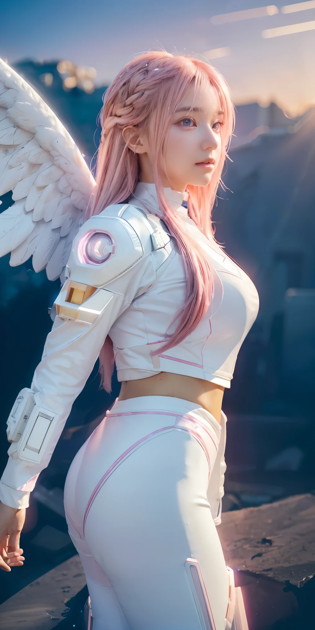 ((masterpiece, best quality, extremely detailed), volumetric lighting, ambient occlusion, colorful, glowing),
1girl, solo, young girl, (pink hair), long hair, halo, aura, sacred, godness, cyber suit, (white outfit:1.3), android, bot, angel wings,
outdoors, sunset, sky, clouds, space, (cyberpunk theme:1.2),