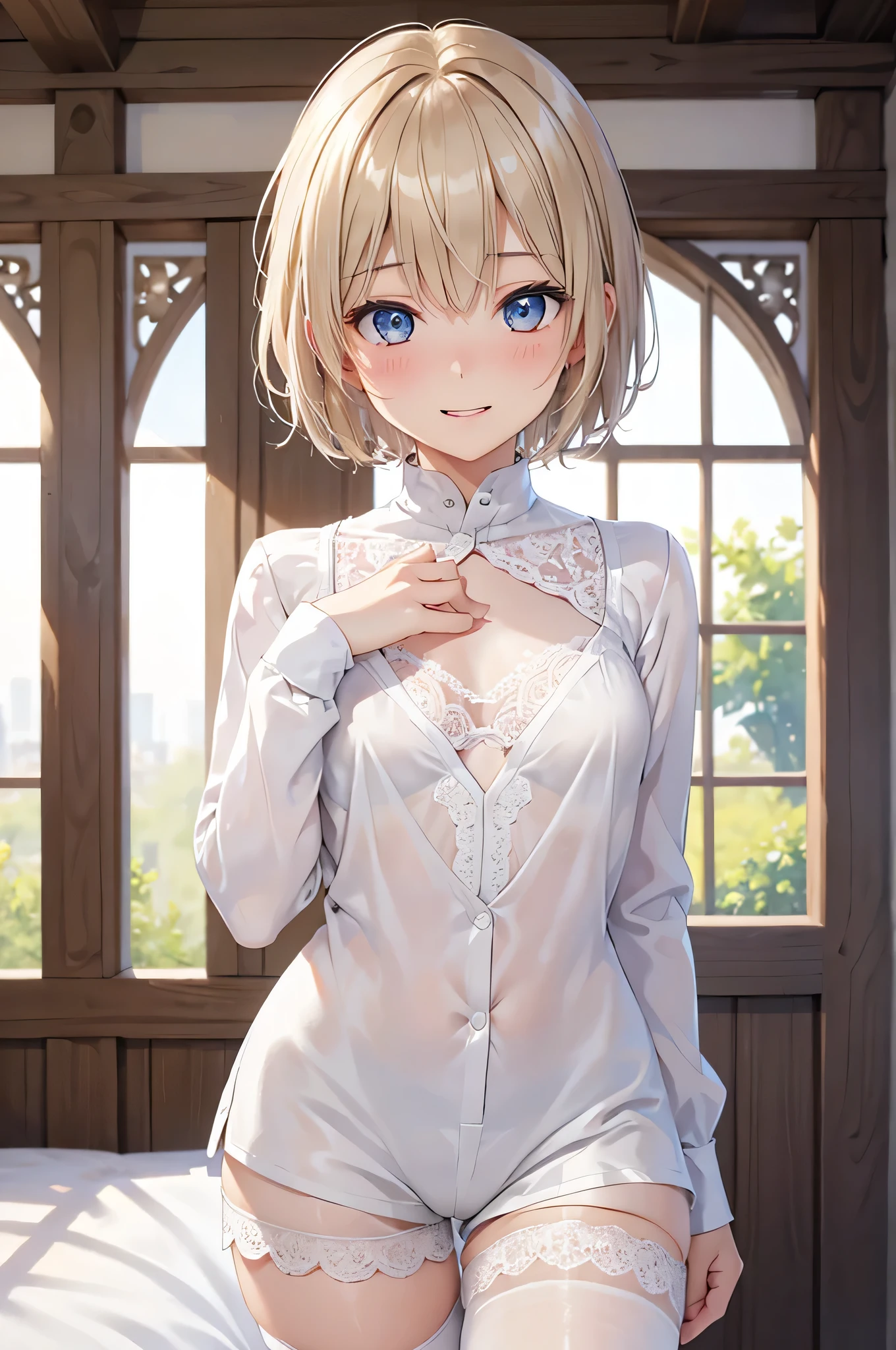  8K resolution ,(( top quality)), ultra high definition,femboy, Alone,  sexy, ( embarrassed smile), (Light brown eyes),  beautiful symmetrical face , ( platinum blonde short hair ), white long sleeve shirt, Lace Shorts , white tights, realistic:1.4, realistic:1.4,(masterpiece:1.2), perfect eyes, perfect eyes, Perfect Thighs ,（ open your mouth:1.3),Sigh,bedroom, flat chest, boy