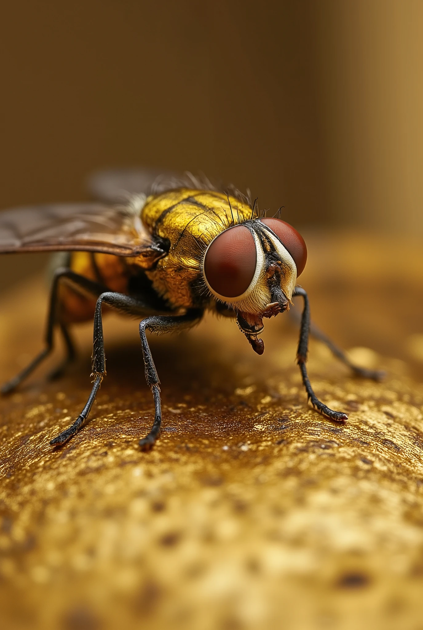 (( best quality )), (( masterpiece )), ( Detailed ) photograph , photorealistic:1,4,  ultra high resolution , UHD, real fly , vysoce  Detailed  tělo: 1,3,  gold shiny metal surface,  blurred background 