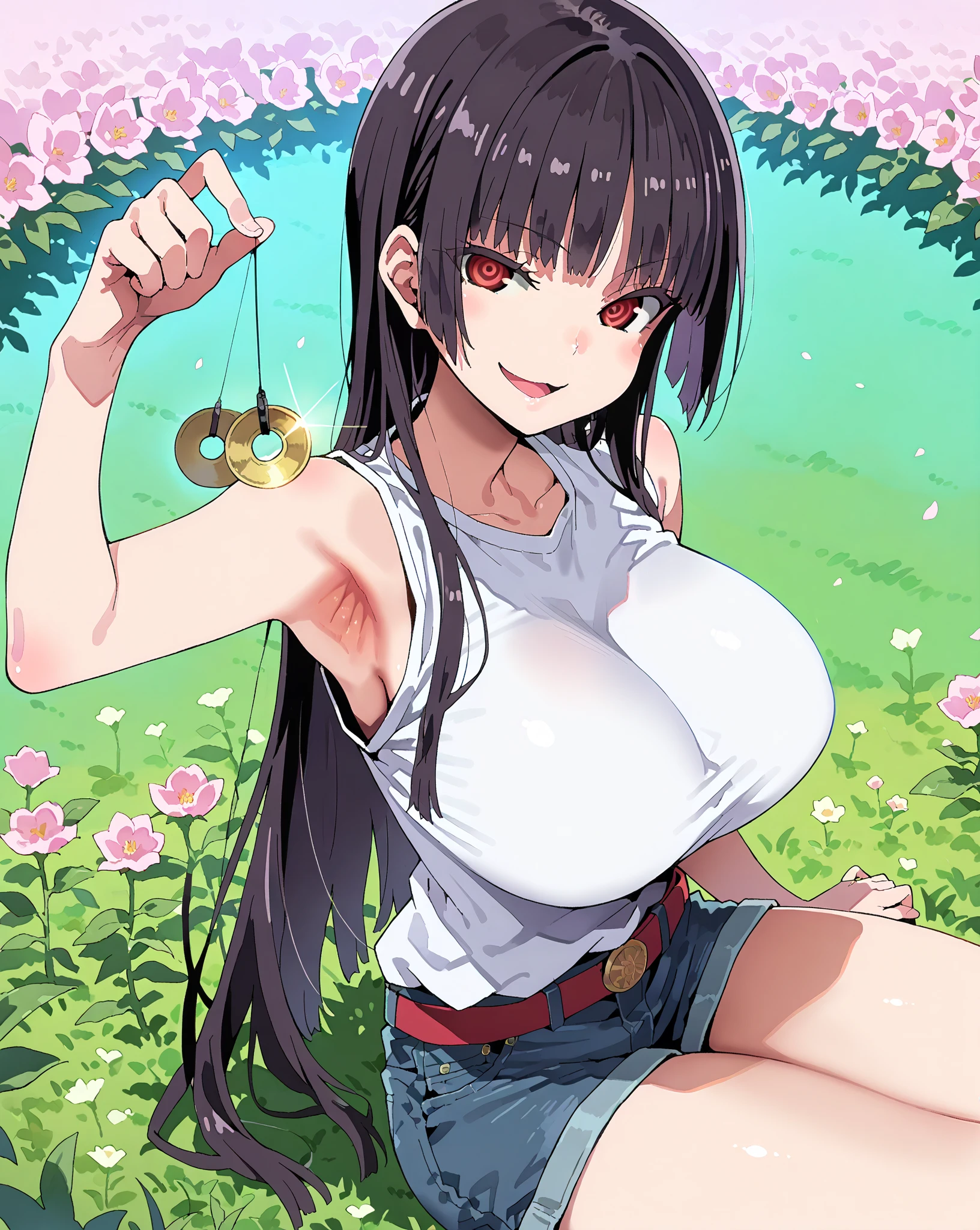 score_9, score_8_up, score_7_up, 1girl,solo, style asanagi, seduce,seductive, beautiful smile, smirk, breasts, large breasts, in flower field, she is holding a pendulum in one hand \(hypnotist holding a pendulum\), ((holding pendulum)), holding string, perfect hands, one hand up, side view, turning side, armpit focus, open mouth, smirk, looking at viewer, sitting on grass, masterpiece, high quality, absurd resolution, beautiful hands, ringed eyes, sleeveless, denim shorts, sana sunomiya, long hair, bangs, black hair, red eyes, hime cut,