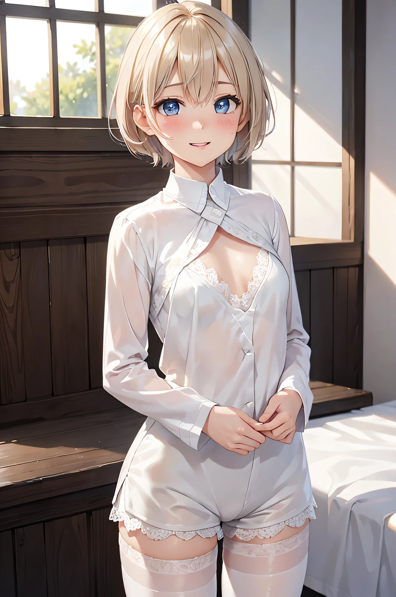  8K resolution ,(( top quality)), ultra high definition,femboy, Alone,  sexy, ( embarrassed smile), (Light brown eyes),  beautiful symmetrical face , ( platinum blonde short hair ), white long sleeve shirt, Lace Shorts , white tights, realistic:1.4, realistic:1.4,(masterpiece:1.2), perfect eyes, perfect eyes, Perfect Thighs ,（ open your mouth:1.3),Sigh,bedroom, flat chest, boy