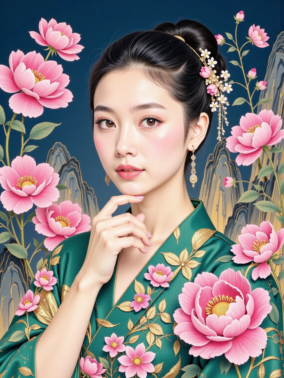 Model close-up ， fashion cover pose composition， Soft focus effect ，Vignetting，Gaussian Blur，Motion Blur， wet ink smudging ， blue background background ，Lin Fengmian，Liu Danzhai，Commercial Illustration， Digital Art，Rock Color，