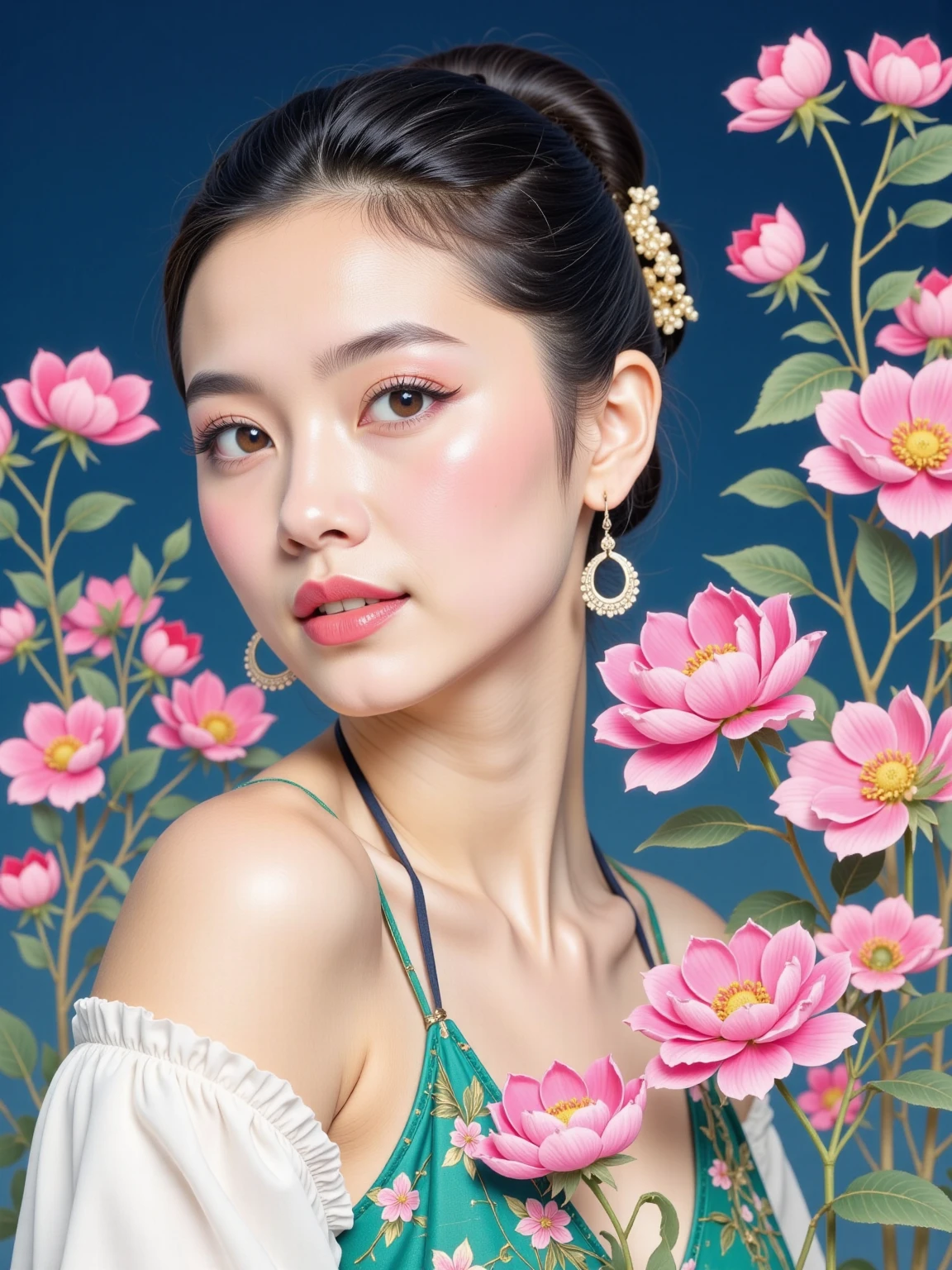 Model close-up ， fashion cover pose composition， Soft focus effect ，Vignetting，Gaussian Blur，Motion Blur， wet ink smudging ， blue background background ，Lin Fengmian，Liu Danzhai，Commercial Illustration， Digital Art，Rock Color，