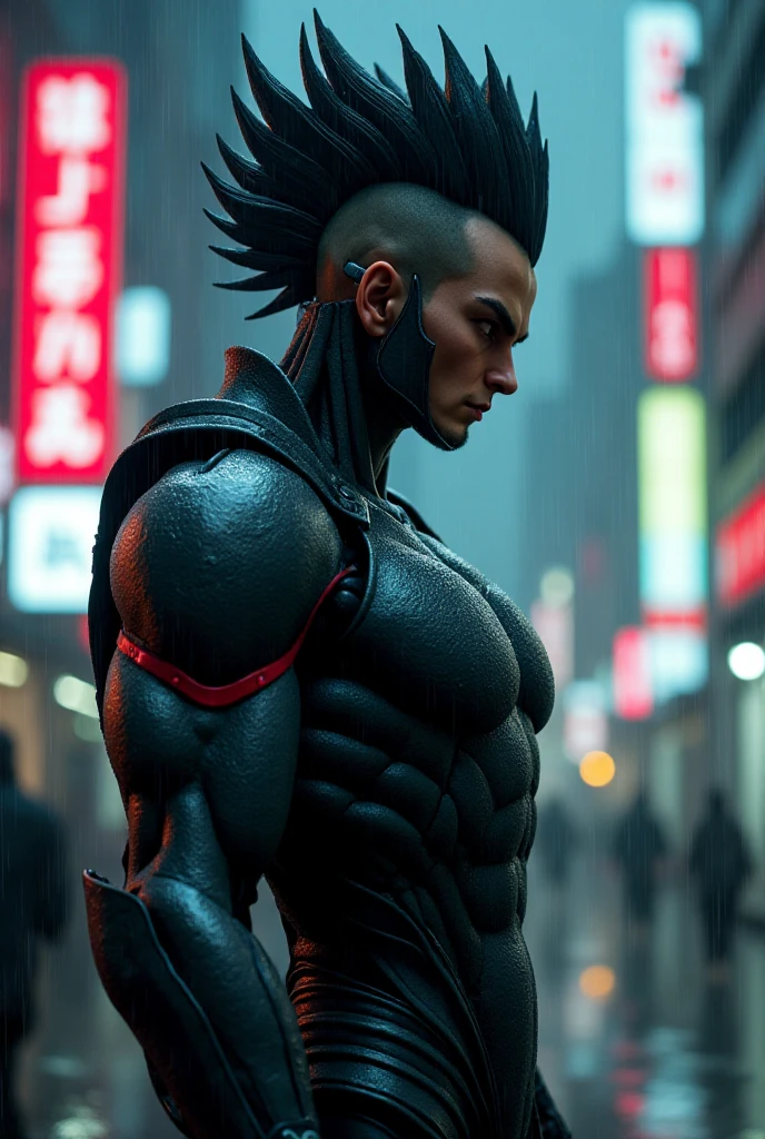 Cyborg version of anime Vegeta side posing in a dystopian city in the rain, hi tech armor, gloomy atmosphere, night time neon lights in back ground, blade runner tone. Cinematic, ultra 4k , hyper realistic 