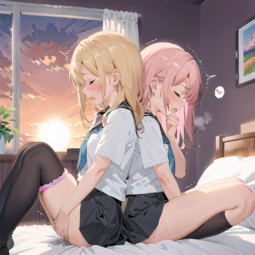 (masterpiece,beautiful,hughres,CG,8k,16k,best quality,high-resolution,detailed eyes:1.5),anime,source anime,illustration,face focus,(from side:1.6),(2girls:1.5),(evening,indoor,one&#39;s home,bedroom:1.5),(sunset:1.3),shadow, Dark Room,(on the bed:1.4),(head down:1.2),(girl on the left(blonde hair):1.5),(girl on the right(pink hair):1.2),( thighs:1.4),(school uniform,white shirt,pleated skirt,black skirt,black thighhighs:1.3),small breasts,(panties pull,panty pull:1.3),(sitting),(My legs,knees to chest,folded,knees together feet apart:1.4),(leg up:1.2),(profile:1.2),(back-to-back:1.4),hand over own mouth, covering own mouth,(female masturbationm:1.4),(female orgasm:1.5),(pussy juice:1.1),(trembling:1.4),(gasping,heavy breathing,blush:1.5),(impatience1.1),flustered,(fidgeting around:1.4),(steam:1.2),(sweat skin,sweat:1.4),(streaming tears:1.3),(drooling:1.1),(looking away:0.5),(looking down:1.4),(spoken heart:1.3),(closed eyes:1.6),open mouth