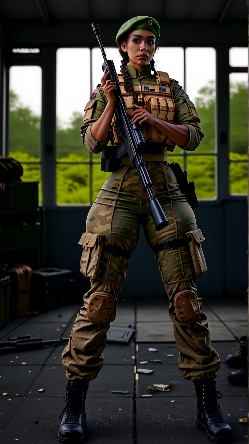 Photorealistic, high resolution, 1 very tanned american woman wearing a green beret, Solo, Hips up, Battlefield background，view the viewer, (Detailed face), braided hair, wearing a green beret and a special team logo, SWAT vests, airborne logo on the chest, sniper rifle handle, camouflage combat suit, Camoflage military uniform, SWAT Boots, bulletproof vest, Holding an assault rifle, M16, Inside the jungle of Royal Belum, Very detailed, Perfect face, Black eye, jewelry, (full body view), Lifelike, masterpiece, HDR, 4K