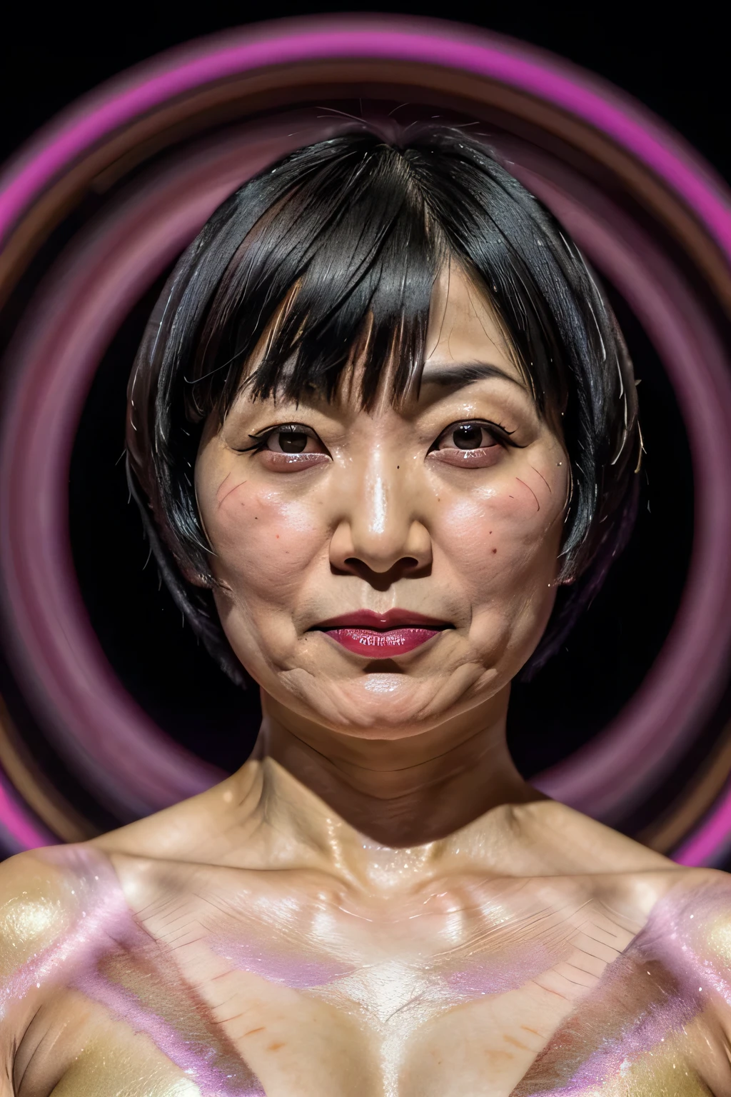 hypnotism師, Japanese, 50-year-old woman, black hair, straight short hair that grimaces painfully, very short hair, with bangs, Red lipstick, Thick lips, round face, Details, villain makeup , small tits, Completely naked, the body and face are facing the viewer , STARING AT VIEWERS , hypnotism, Magical light with seven colors swirling all over the body , Cast magic on viewers , HD quality, ( PHOTO REALISTIC :1.4), RAW photos , Japanese Women, ( high resolution details of human skin texture), The background is pink magical light swirls and ripples in a completely black, different dimensional space
