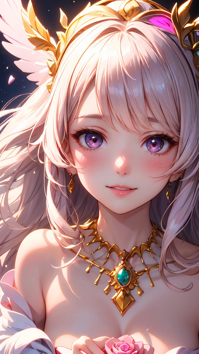masutepiece, High resolution, 8K, anime woman, Delicate and detailed writing 、Detailed digital illustration、Very long hair and shiny、Bangs、a very beautiful woman、Eyes are double, Large, Bust is D cup、High image quality, High quality、Detailed background、(((Wearing idol clothes)))、((Pink room background))、The inside of the eye shines like a diamond、Light pink hair、Gradient pupil、(((2 arms、4 fingers, 1 thumb)))、Detailed female face、Very beautiful and cute woman、、细致背景、masterpiece、Soft Focus , Bright gradient watercolor , Lens Flare , (((Glitter))) , Glow , Dreamy , 、Less exposure、Nothing at hand、Idol、Pink ribbon、Very beautiful red rose hair accessories、Pink and gold outfit、White is the main costume、((Sleeping))、Arms up、(((Pink background))) (((laying down on the bed)))