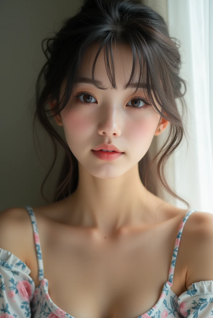Beautiful woman with gentle and attractive Japan, half-body photo, delicate and sexy collarbone, attractive plump face, double eyelids, smart sagging eyes, pink lips, small upturned nose, small breasts, bare shoulders, concentrated face, face close-up, super high definition, very detailed and elegant appliqué cotton jersey sweatshirt is made from cotton jersey, It is characterized by a loose and languid silhouette.