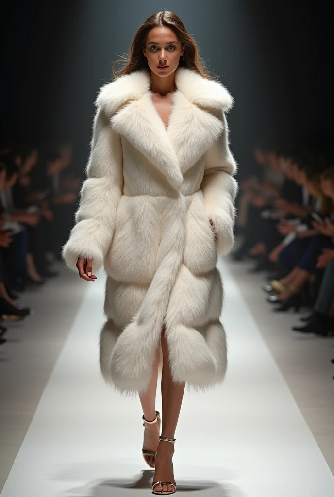 A very wide and very thick, manteau de fourrure extra long, en vison blanc, fifty centimeters thick, duveteux, naturel, with an ultra thick white mink fur collar, three layers, sur Kim Kardashian, fully nude profile view, she shows at Milan fashion week, bare shoulders, and two large breast discovered by the fur,