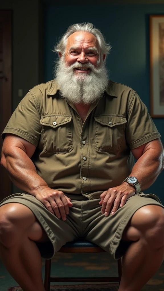 mature old man, virile, tough, plump, bulging, argentine, grandpa, clear eyes, hairy, furry, white body hair, big calves, massive feet, skimpy adidas shorts, gold jewelry, watch, barefoot, intricate details, pervert, teasing, naughty, smirk, dynamic pose, outdoors, sunny