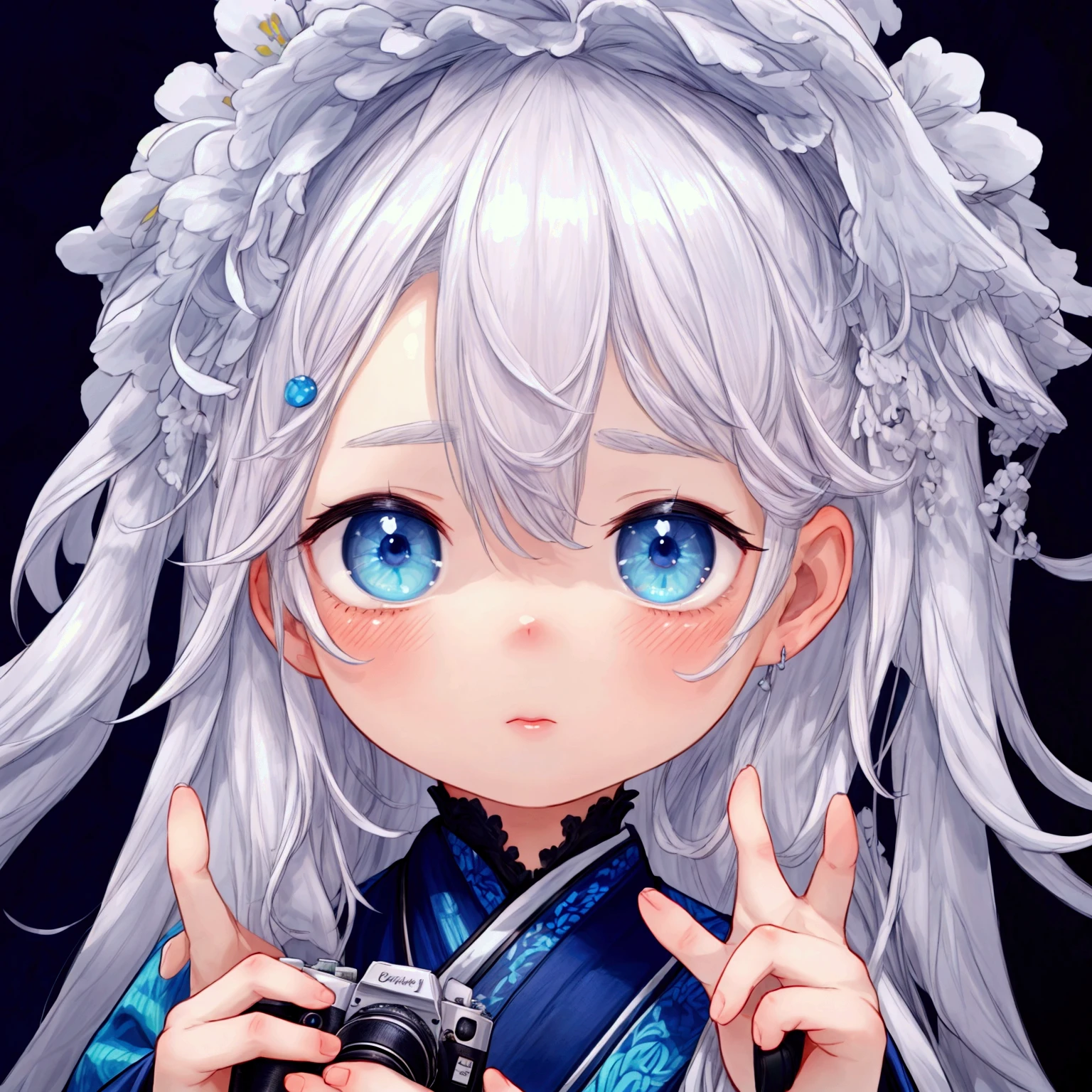 Wallpaper, high quality, master piece, 4k, high definition, clear lineart, korean webtoon style. Cute female with silver hair, and blue eyes. Cute, adorable, camera zoom on face.