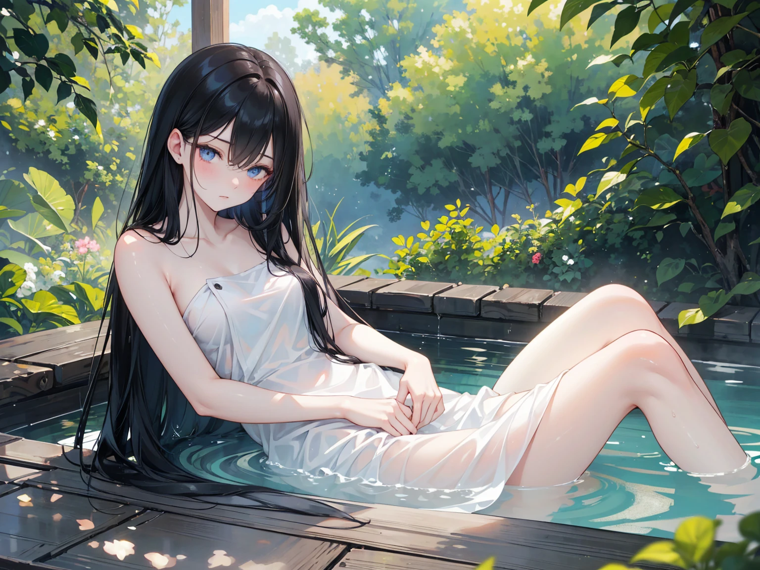 very cute(11-year-old girl)、Dark brown hair、(Medium Chest)、Clear white skin、Beautiful feet、Beautiful body、Very spacious々Relax in the open-air hot spring bath、Naked、I'm 11 years old、Beautiful Devil Girl、Black hair close to blue、Red eyes、teeth、Standing position、Full Body Shot、Black luxury dress、Translucent white skin、Red Moon、god々new light、Night Sky、smile、Open your mouth、