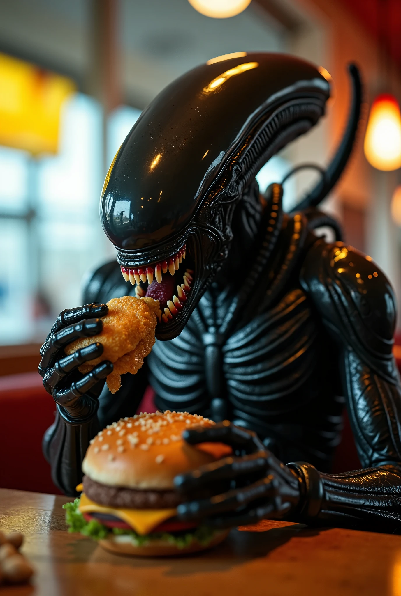 Aliens xenomorph has broken into the pantry, it is eating a donut, spaceship