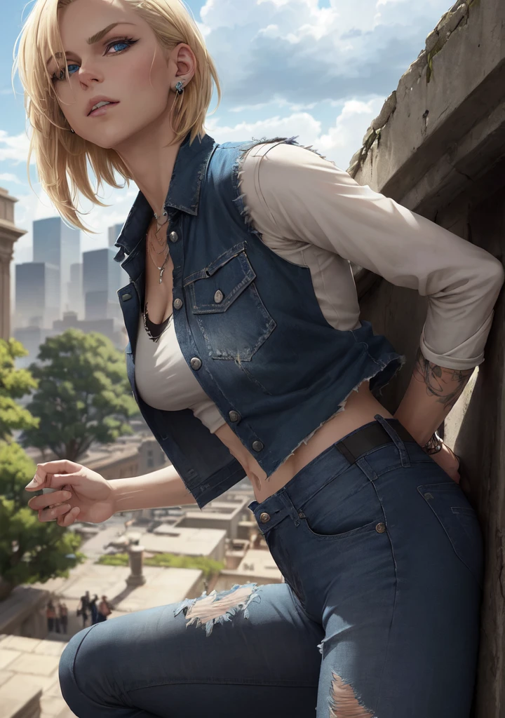 android 18, android 18, blonde hair, blue eyes, eyelash, hoop earrings, short hair, earrings, break belt, black legwear, black shirt, breast pocket, cleavage, clavicle, denim, denim skirt, high-waist skirt, jewelry, long sleeve, pocket, shirt, shirt tucked in, skirt, striped, striped sleeves, waistcoat,, break outdoors, city, null, cloud, sun, break looking at viewer, (cowboy shot:1.5), break (masterpiece:1.2), highest quality, High resolution, unity 8k wallpaper, (figure:0.8), (beautiful and fine eyes:1.6), highly detailed face, perfect lighting, Very detailed CG, (perfect hands, perfect anatomy)