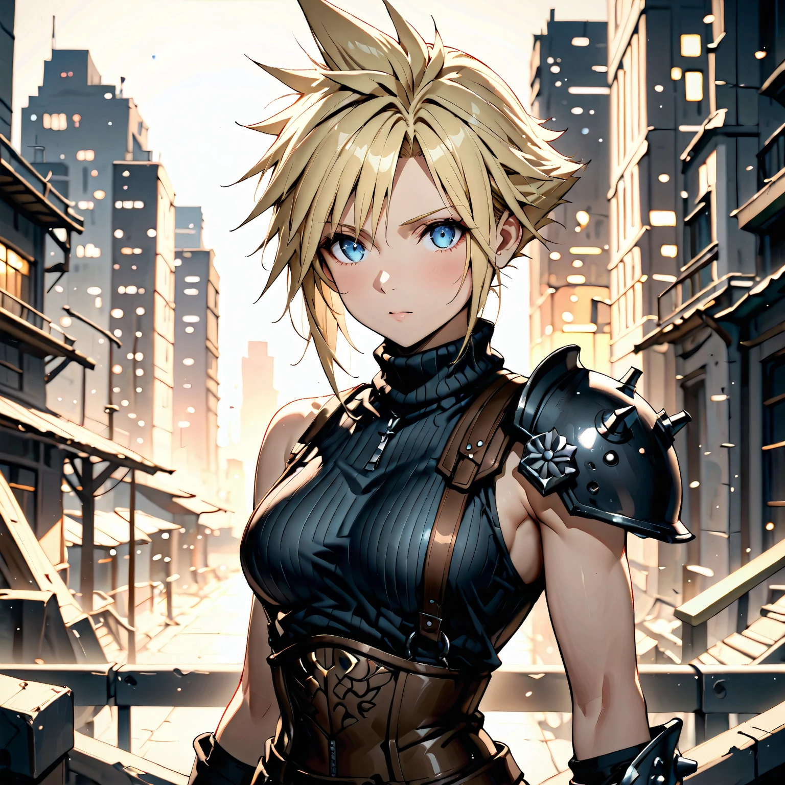 sam yang, femcloud, (masterpiece:1.3), hdr, extreme detail, dramatic lighting, moody background, muted colors, breasts, alluring pose, female cloud strife, cheery, happy, cute, adult, beautiful face, vibrant colorful background, (city background:1.2), (background out of focus:1.3), bokeh, solo, cute blue dress, 
<lora:femcloud:0.80>