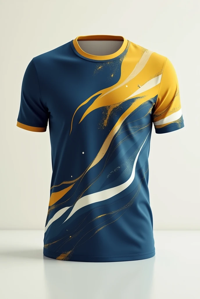 Create a jersey design with following ideas
Base Color: Gradient from Dark Blue to Light Blue
Design Elements:
The jersey fades from a rich, dark blue at the top to a lighter blue towards the bottom.
Thin diagonal stripes in saffron and green running across the chest to add movement and energy.