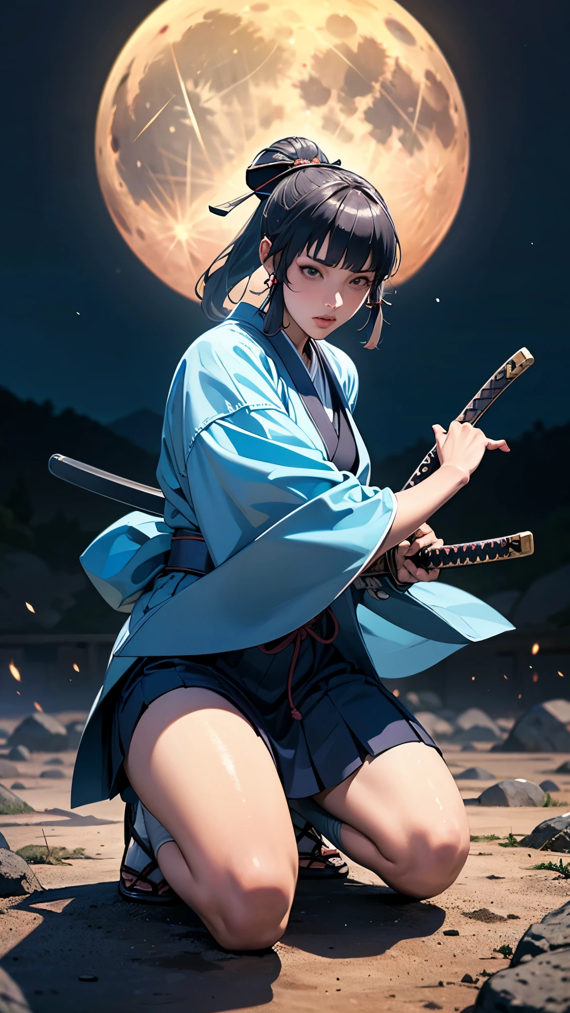 Solo, A seductive samurai, kamisatoayakadef, squatting, serious battle scene , battoujutsu, beautiful hair, detailed description, perfect beauty face, makeup, athlete, {muscular}, detailed description of outfit, perfect rendering, perfect cinematic lighting, perfect lighting positions for best shadows, depth of field, dark color , optimized , best quality, perfect anatomy, incredibly absurdres, realistic, extremely detailed, intricate accurate artwork, 4k, 8k, dark colors distribution, delicate painting, (old Japanese street, midnight, night sky, A beautiful full moon , extremely detailed descriptions, battle scene, in background),