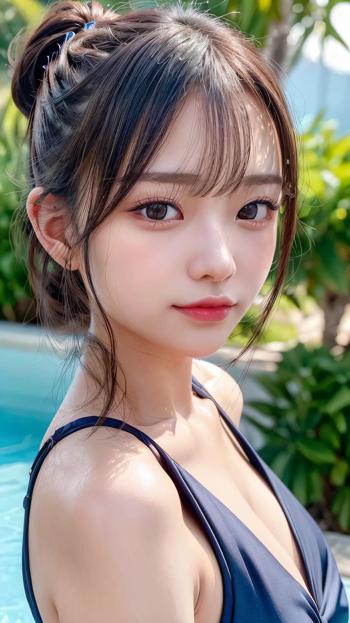 One Girl，Very cute girl ，Big eyes:0.5，The face is facing straight ahead，Body facing forward，Beautiful nose，Fuller lips，Short black hair，ponytail，Detailed eyelashes，Thin eyebrows，Symmetrical eyes，Face close-up，White swimsuit，Portrait，View Viewer, half smile:0.5,